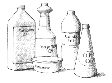 Safflower oil, vegetable oil, canola oil, olive oil, and margarine.