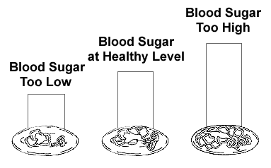 Three plates labeled Blood Sugar Too Low, with a little food, Blood Sugar at Healthy Level, with more food, and the last with the label, Blood Sugar Too High, with the most food.
