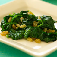 Baby Spinach With Golden Raisins and Pine Nuts Recipe Photo - Diabetic Gourmet Magazine Recipes