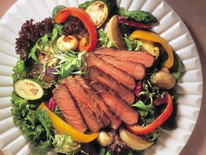 Beef Steak and Roasted Vegetable Salad recipe photo from the Diabetic Gourmet Magazine diabetic recipes archive.