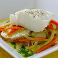 Braised Cod With Leeks recipe photo from the Diabetic Gourmet Magazine diabetic recipes archive.