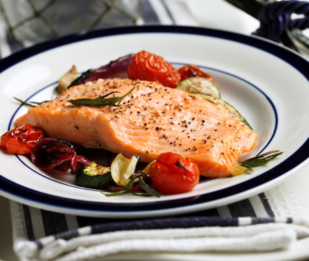 Broiled Rainbow Trout with Lemon Oil and Oven-Grilled Vegetables recipe photo from the Diabetic Gourmet Magazine diabetic recipes archive.