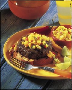 Caribbean Beef Burgers with Mango Salsa recipe photo from the Diabetic Gourmet Magazine diabetic recipes archive.