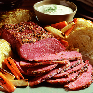 Corned Beef Brisket with Roasted Vegetables and Lemon-Mustard Sauce Recipe Photo - Diabetic Gourmet Magazine Recipes