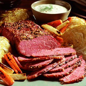 Corned Beef Brisket with Roasted Vegetables and Lemon-Mustard Sauce