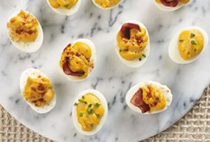 Deviled Eggs with Bacon and Barbecue recipe photo from the Diabetic Gourmet Magazine diabetic recipes archive.