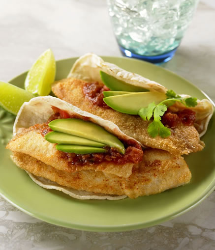 Fish Tacos with Avocado Salsa recipe photo from the Diabetic Gourmet Magazine diabetic recipes archive.