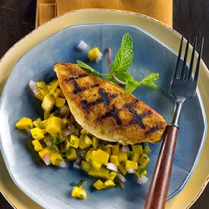 Grill Pan Chicken With Fiery Mango-Ginger Salsa recipe photo from the Diabetic Gourmet Magazine diabetic recipes archive.