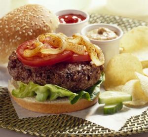 Grilled Onion Burger recipe photo from the Diabetic Gourmet Magazine diabetic recipes archive.
