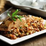 Grilled Salmon Over Lentil Salad with Walnut Vinaigrette