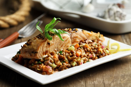 Grilled Salmon Over Lentil Salad with Walnut Vinaigrette