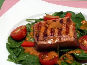 Grilled Salmon and Spinach Salad recipe photo from the Diabetic Gourmet Magazine diabetic recipes archive.