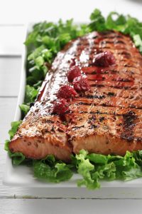 Grilled Salmon with Raspberry-Dijon Vinaigrette recipe photo from the Diabetic Gourmet Magazine diabetic recipes archive.