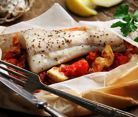 Halibut en Papillote with Roasted Tomato-Artichoke Ragout recipe photo from the Diabetic Gourmet Magazine diabetic recipes archive.