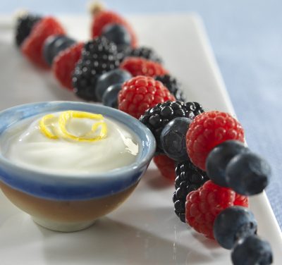 Mixed Berry Kebabs with Lemon-Ginger Yogurt Dip