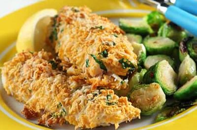 Parmesan-Crusted Halibut with Spicy Brussels Sprouts