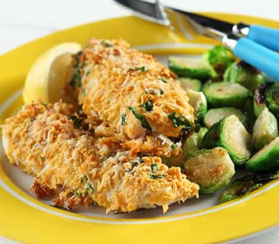 Parmesan-Crusted Halibut with Spicy Brussels Sprouts Recipe Photo - Diabetic Gourmet Magazine Recipes