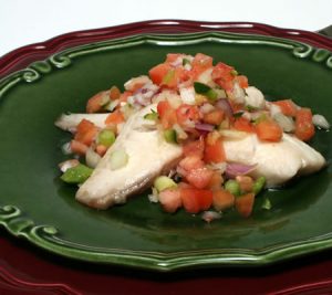 Roasted Fish with Christmas Salsa recipe photo from the Diabetic Gourmet Magazine diabetic recipes archive.