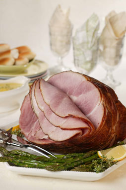 Spiral-Cut Ham with Slow-Roasted Asparagus and Lemon-Thyme Sauce recipe photo from the Diabetic Gourmet Magazine diabetic recipes archive.