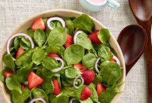 Strawberry Spinach Salad with Buttermilk Dressing recipe photo from the Diabetic Gourmet Magazine diabetic recipes archive.