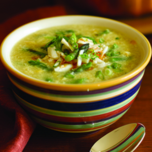 Sweet Corn Soup With Crab and Asparagus recipe photo from the Diabetic Gourmet Magazine diabetic recipes archive.