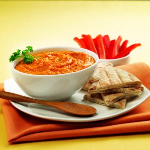 Sweet Red Pepper Hummus recipe photo from the Diabetic Gourmet Magazine diabetic recipes archive.
