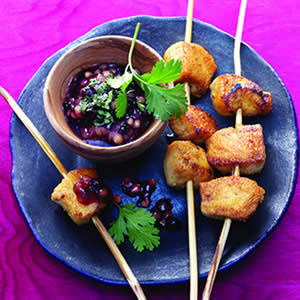 Tandoori Chicken Skewers with Blueberry-Fig Sauce recipe photo from the Diabetic Gourmet Magazine diabetic recipes archive.