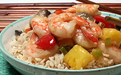 Teriyaki Shrimp Stir-fry with Pineapple and Peppers recipe photo from the Diabetic Gourmet Magazine diabetic recipes archive.