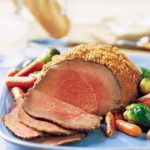 Three-Mustard Beef Round Tip with Roasted Baby Carrots and Brussels Sprouts