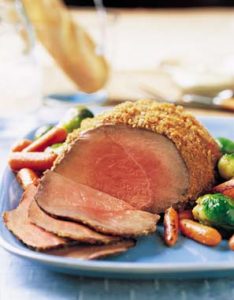 Three-Mustard Beef Round Tip with Roasted Baby Carrots and Brussels Sprouts recipe photo from the Diabetic Gourmet Magazine diabetic recipes archive.