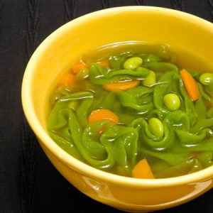 Vegetable Soup with Shirataki and Edamame recipe photo from the Diabetic Gourmet Magazine diabetic recipes archive.