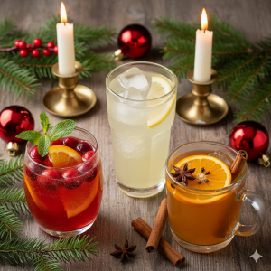 Three diabetes-friendly holiday mocktails: sparkling cranberry with mint, ginger-lemon spritzer, and spiced apple cider with cinnamon and star anise